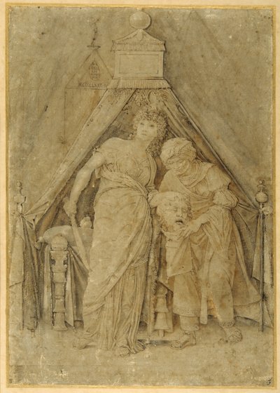 Judith Holofernesin pään kanssa Mantegnan jälkeen (kynä & ruskea muste ruskealla pesulla) tekijältä Andrea (follower of) Mantegna