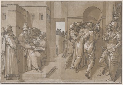 Kristus johdatetaan pois, sotilaat seisovat arkin oikealla puolella, 1585. tekijältä Andrea Andreani
