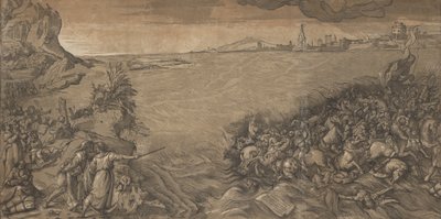 Punaisen meren ylitys, Mooses seisoo vasemmalla osoittaen armeijaa veden alla..., 1589. tekijältä Andrea Andreani