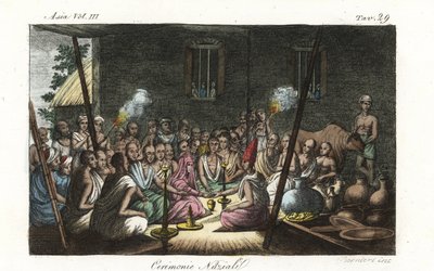 Hindu-brahmiinin vihkimisseremonia tai Bibaha, joka pidetään vaimon talossa. Andrea Bernierin piirtämä ja kaiverrettu käsinvärinen kuparilevy Francois Solvynsin mukaan Giulio Ferrarion muinaisista ja moderneista puvuista, Firenze, Italia tekijältä Andrea Bernieri
