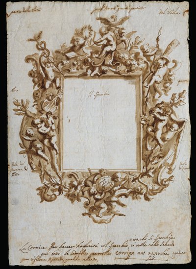 Ortogonaalinen piirros allegoriseen kehykseen, n. 1700, Andrea Brustolon (1662-1732), akvarellikynä valkoiselle paperille, Italia tekijältä Andrea Brustolon