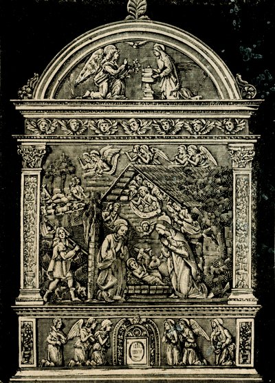 Seimi, Andrea della Robbian terrakottaalttaritaulu, Saint Claren kirkosta, Sansepolcron kaupunginmuseo, Toscana, Italia, puupiirros Le cento citta d