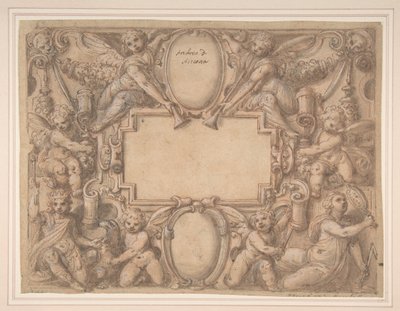 Cartouche ja kaksi kilpeä allegoristen hahmojen ympäröimänä., 1570-1631. tekijältä Andrea Lilli