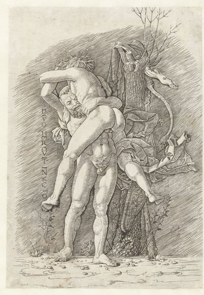 Hercules en Antaeus Voittamaton jumala Hercules (otsikko esineessä) tekijältä Andrea Mantegna (school of)