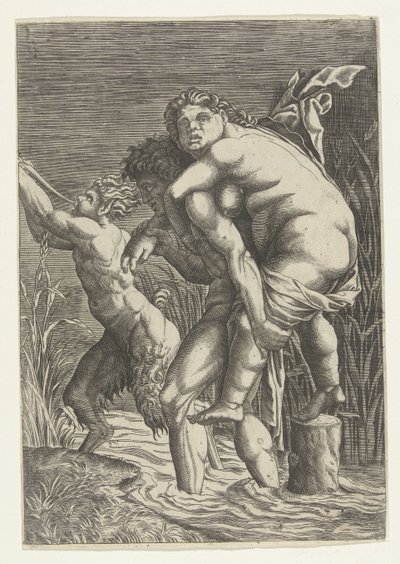 Mies kantaa naista selässään ja satyyriä tekijältä Andrea Mantegna (school of)
