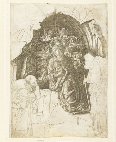 Maria lapsen kanssa enkelien ympäröimänä luolassa Joosefin ja kuninkaan kanssa palvomassa tekijältä Andrea Mantegna (school of)