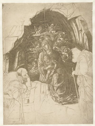 Maria lapsen kanssa enkelien ympäröimänä luolassa Joosefin ja kuninkaan kanssa palvomassa tekijältä Andrea Mantegna (school of)