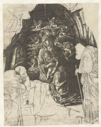 Maria lapsen kanssa enkelien ympäröimänä luolassa Joosefin ja kuninkaan kanssa palvomassa tekijältä Andrea Mantegna (school of)