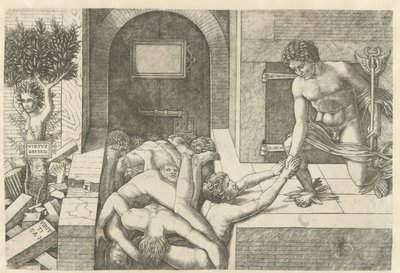 Merkurius hyveen persoonallisuutena pelastaa sieluja Limbossa ja Daphne muuttuu puuksi Virtus Deserta (otsikko esineessä) tekijältä Andrea Mantegna (school of)