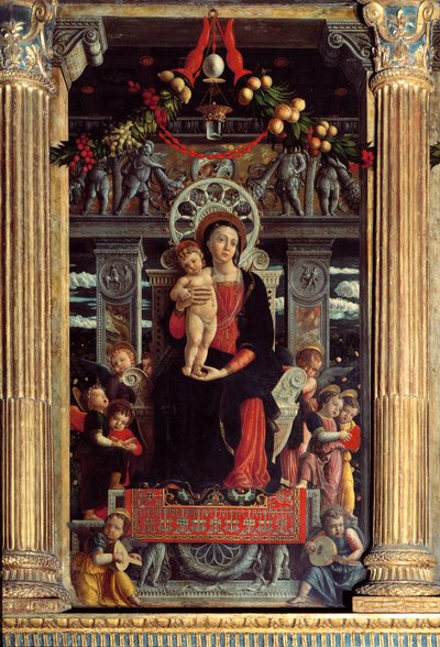 San Zenon alttaritaulu: keskipaneeli "Madonna lapsi yhdeksän enkelin kanssa" Andrea Mantegnan (1431-1506) maalaus 1457-1459 Verone, Basilica di San Zeno, Italia tekijältä Andrea Mantegna