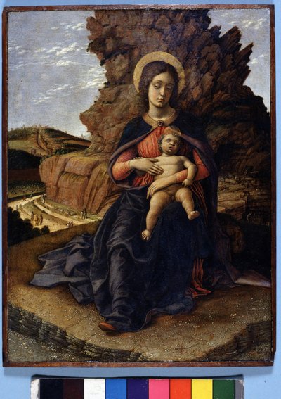 Andrea Mantegna, "Louhosten neitsyt": Neitsyt ja lapsi ja taustalla kivilouhokset työntekijöiden kanssa, Uffizi Gallery, Firenze tekijältä Andrea Mantegna