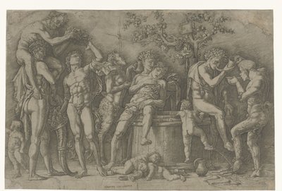 Bacchanal satyyrien ja bacchantien kanssa viinipuristimessa tekijältä Andrea Mantegna