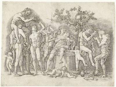 Bacchanal satyrien ja bacchantes kanssa viinikuurnassa tekijältä Andrea Mantegna