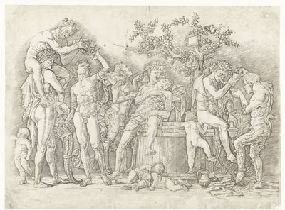 Bacchanal satyrien ja bacchantes kanssa viinikuurnassa tekijältä Andrea Mantegna