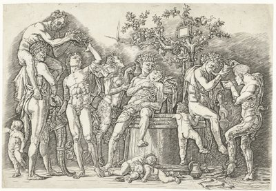 Bacchanal satyrien ja bacchantes kanssa viinikuurnassa tekijältä Andrea Mantegna