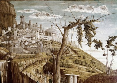 Kristus rukoilee oliivipuutarhassa, predellin vasen osa, San Zenon alttaritaulu (tempera puulla, n. 1457-1460) tekijältä Andrea Mantegna