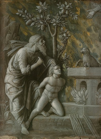 Iisakin uhri. Noin 1490-95 tekijältä Andrea Mantegna