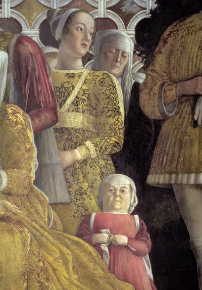 Kääpiö ja muita hovin jäseniä Mantovan marsalkka Ludovico Gonzaga III:n perheen ja hovin ryhmämuotokuvasta, Camera degli Sposi tai Camera Picta, 1465-74, fresko, kuva 78449, yksityiskohta tekijältä Andrea Mantegna