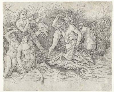 Taistele tritonien välillä nereidien selässään Merijumalien taistelu tekijältä Andrea Mantegna