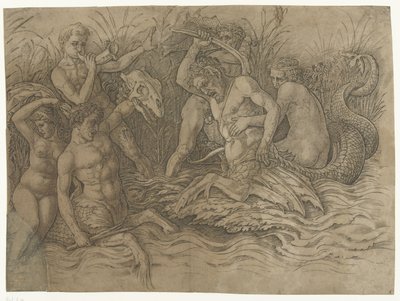 Taistele tritonien välillä nereidien selässään Merijumalien taistelu tekijältä Andrea Mantegna