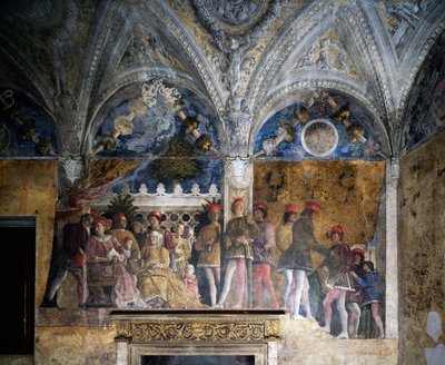 Ludovico Gonzaga, Marsilio Andreasi, Barbara Brandenburgista tyttärensä Paulan ja Rodolfo Gonzagan kanssa tekijältä Andrea Mantegna