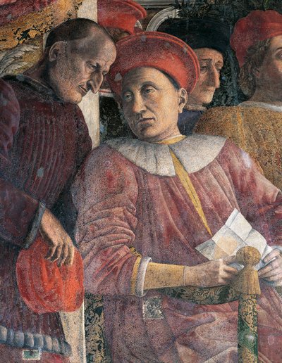 Ludovico Gonzaga ja neuvonantaja Marsilio Andreasi, yksityiskohta Andrea Mantegnan (1431-1606) hoviseinästä, fresko, San Giorgion linna, hääkammio tai Camera Picta, Mantova. tekijältä Andrea Mantegna