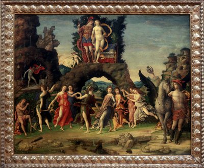 Mars ja Venus tai Parnassus. Maalaus, joka kuvaa Marsia ja Venusta kalliolla, Pegasea ja Merkuriusta, Apolloa ja yhdeksää muusaa Calliope (eeppinen runo), Clio (historia), Erato (lyriikat), Euterpe (musiikki), Melpomene (tragedia), Polymnie (retoriikka), T tekijältä Andrea Mantegna