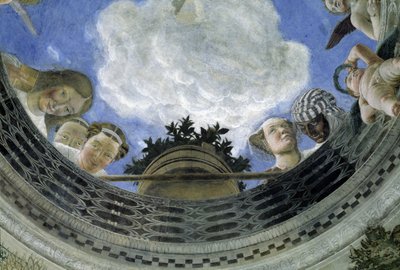 Mantovan herttuan palatsi, Italia (Camera degli Sposi, Palazzo Ducale, Mantova) puolisoiden talon katon okculus: allegoristen hahmojen ja putin yksityiskohta. Fresko Andrea Mantegna (1431-1506) tekijältä Andrea Mantegna