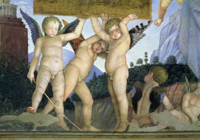 Putti perhosen siipineen kannattelemassa vihkiäislaattaa, Camera degli Sposi tai Camera Picta, 1465-74, fresko, kuva 78449, yksityiskohta tekijältä Andrea Mantegna