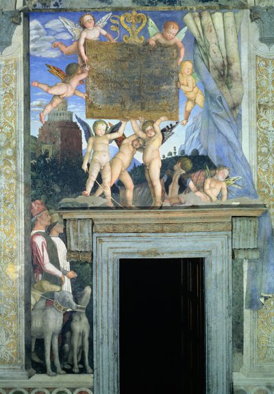 Putti perhosen siivillä kannattelemassa omistuslaattaa, jonka alapuolella on metsästyskoiria ja niiden ohjaajia, Camera degli Sposi tai Camera Picta, 1465-74, fresko, kuva 78449, yksityiskohta tekijältä Andrea Mantegna
