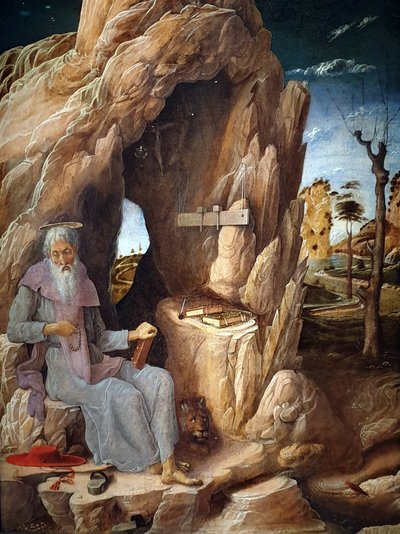Pyhä Hieronymus katuvainen erämaassa tekijältä Andrea Mantegna