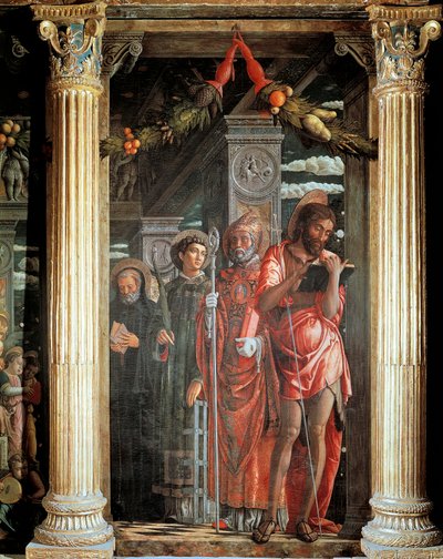 Pyhät Johannes ja Lorenzo ja kaksi pyhää, yksityiskohta San Zenon alttarista tekijältä Andrea Mantegna