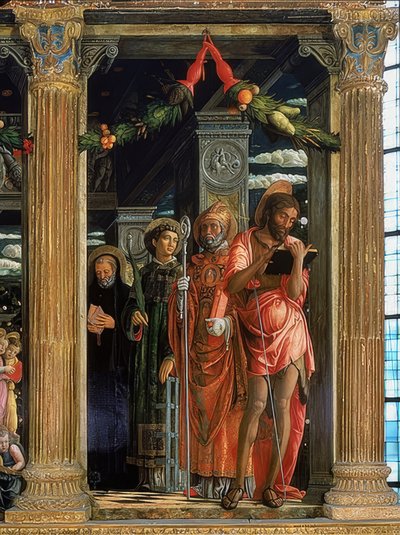 San Zenon alttari. Oikea puoli. 1457-1460. Yksityiskohdissa on Johannes Kastaja, Rooman Lawrence, Augustinus Hippo ja Benedictus Nursian tekijältä Andrea Mantegna