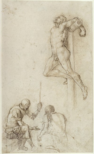 Ryöväri ristillä, alapuolella kaksi sotilasta (pelaamassa noppaa) tekijältä Andrea Mantegna