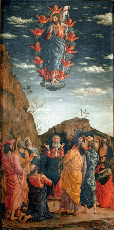 Nousu. Andrea Mantegnan (1431-1506) maalaus 1460. 86x42,5 cm. Firenze, Galleria degli Uffizi. - Kristuksen taivaaseenastuminen, Andrea Mantegna (1431-1506). Tempera puulle, 86x42,5 cm tekijältä Andrea Mantegna