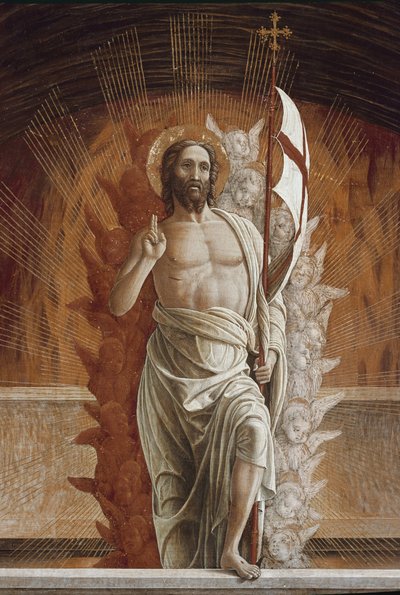 Jeesuksen Kristuksen ylösnousemus. Yksityiskohta San Zenon alttaritaulun predellistä (tempera paneelissa tekijältä Andrea Mantegna