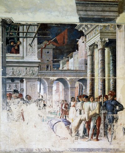 Pyhän Kristoferin mestatun ruumiin kuljetus, yksityiskohta Pyhän Kristoferin marttyyrikuolemasta tekijältä Andrea Mantegna