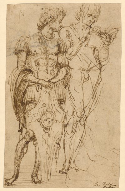 Kaksi seisovaa mieshahmoa (etusivu); Mies makuuasennossa ja muita tutkimuksia (kääntöpuoli). tekijältä Andrea Mantegna