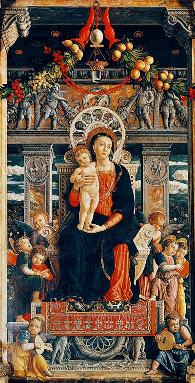 Neitsyt valtaistuimelle, yksityiskohta San Zenon alttaritaulun keskiosasta Andrea Mantegna (1431-1506), puu, 220x115 cm, San Zenon basilika, Verona tekijältä Andrea Mantegna