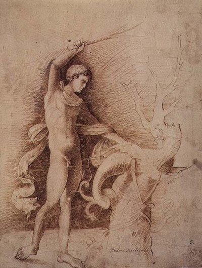 Nuori mies taistelee lohikäärmettä vastaan tekijältä Andrea Mantegna