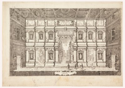 Vincenzan kaupungin olympiateatterin sisäkorkeus (näkymä Teatro Olimpicon näyttämölle Vicenzassa) tekijältä Andrea Palladio
