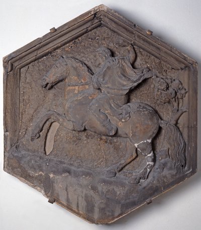 The Art of Hunting, kuusikulmainen koristeellinen reliefilaatta sarjasta, joka kuvaa taiteiden ja tieteiden harjoittajia, mahdollisesti Giotton (n.1266-1337) suunnitelmien pohjalta n.1334-48 (marmori). tekijältä Andrea Pisano