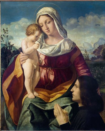 Neitsyt ja lapsi lahjoittajan kanssa - Andrea Previtalin maalaus (noin 1480-1528), öljy kankaalle tekijältä Andrea Previtali