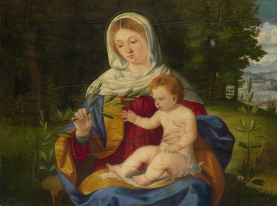 Madonna ja lapsi oliivinoksalla. noin 1515 tekijältä Andrea Previtali
