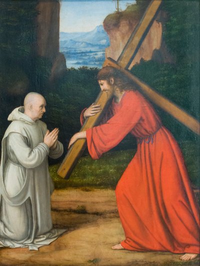 Kristus ristiä kantaen ja karthusialainen munkki tekijältä Andrea Solario