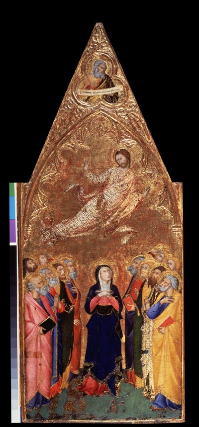 ""Kristuksen taivaaseenastuminen"" Alla Neitsyt Maria ja apostolit tarkkailemassa Jeesusta Kristusta. Yllä esitys profeetta Jeremiasta. Tempera puulle kirjoittanut Andrea Vanni (1332-1414) 1355-1360 Mitat 68x28 cm Eremitaaši, Pietari (Saint-Petersbo) tekijältä Andrea Vanni