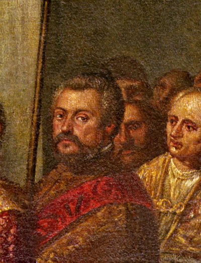 Venetsialainen senaattori, yksityiskohta Ranskan kuningas Henrik III:n vierailusta Venetsiassa vuonna 1574, Neljän oven huoneesta (yksityiskohta kuvasta 71525). tekijältä Andrea Vicentino