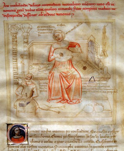 Musiikin allegorioita Bartolomeo di Bartolin teoksessa "" Chansonne des sept Vertus et des sept Arts liberales destinee à Bruzio Visconti "(Laulu hyveistä ja tieteistä). Andrea di Bartolin vesiväri (toimii vuosina 1358-1368) (ms. 599, fol. tekijältä Andrea de Bartoli