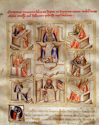 Kirkon tohtoreiden edustus: Pyhä Johannes, Milanolainen pyhä Ambroseus, Pyhä Hieronymus, Pyhä Gregoire Suuri ja Pyhä Paavali teoksessa "Song of the Seven Vertus and Seven Liberals Arts Detetee for Bruzio Visconti"" (La Canzone delle) Virtu e dell tekijältä Andrea de Bartoli