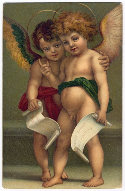 Kaksi enkeliä. Hurskas kuva taidemaalari ANDREA DEL SARTO (1486-1530) mukaan, Dresden, n. 1910 (kromolitografia) tekijältä Andrea del (after) Sarto